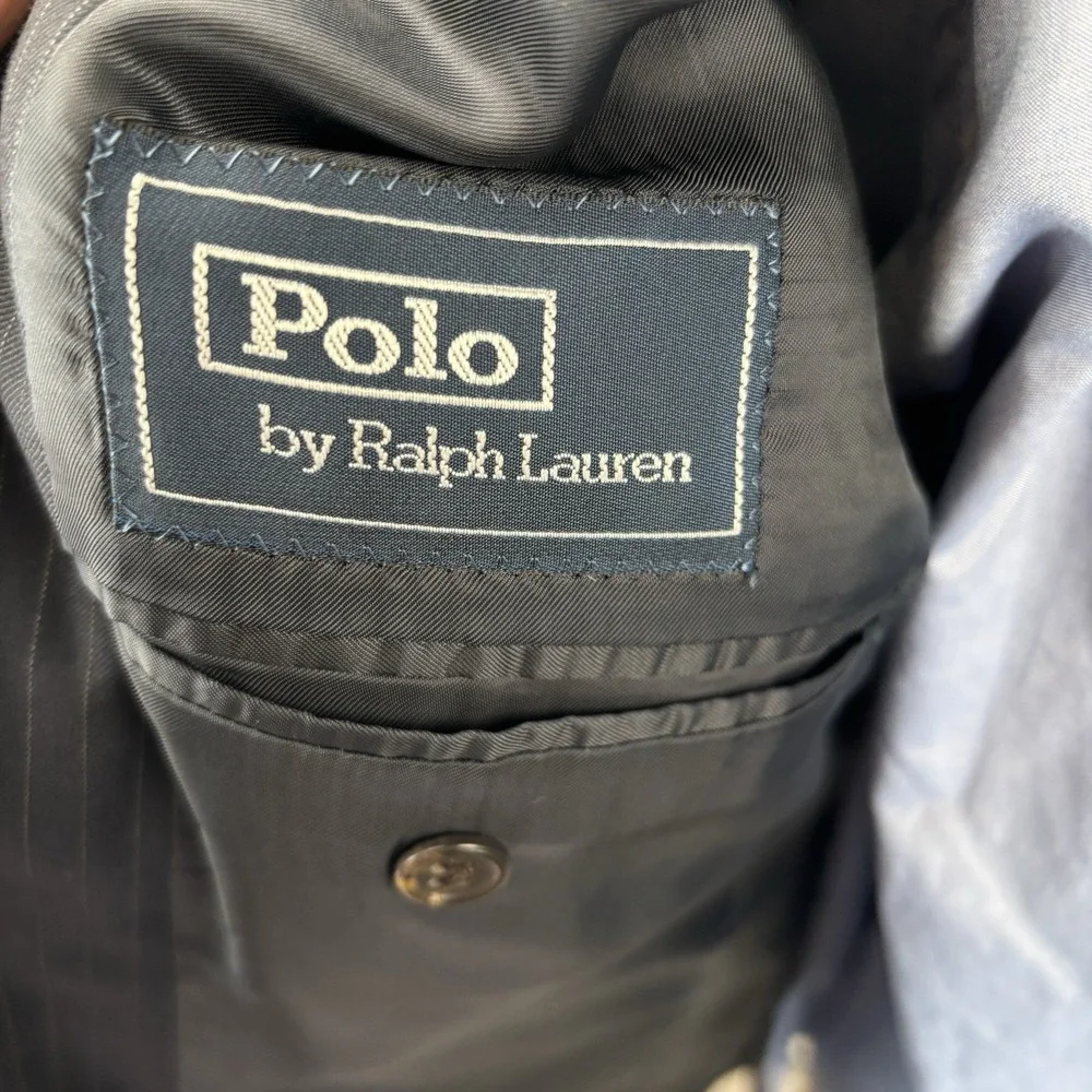 Vtg Polo Ralph Lauren 44R Blazer Navy Pinstripe 3‎ Button Wool Jacket Made Italy